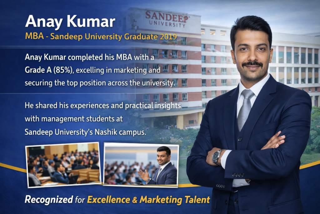 Anay Kumar MBA Topper Sandip University Nashik delivering session to students 
