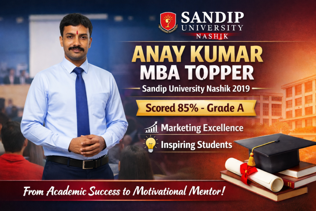 Anay Kumar MBA Topper Sandip University Nashik delivering session to students 
